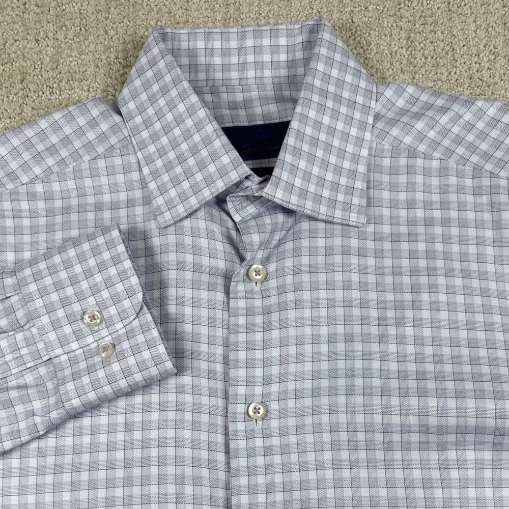 David Donahue Mens 15.5 34/35 Blue Purple Check Trim Fit Dress Button Up Shirt